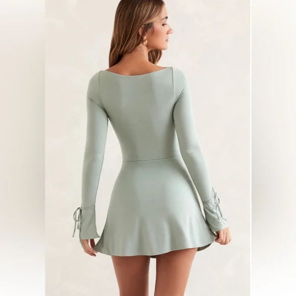 Square Neck Long Sleeve Mini Dress in Sage - Picture 2 of 5